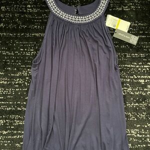 Cable & Gauge - Navy Blue Embellished Pleated Sleeveless Blouse